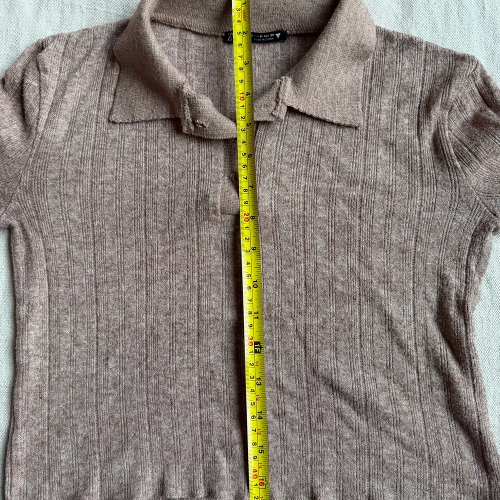 Zara Taupe Ribbed Long Sleeve Polo Top - Picture 7 of 9